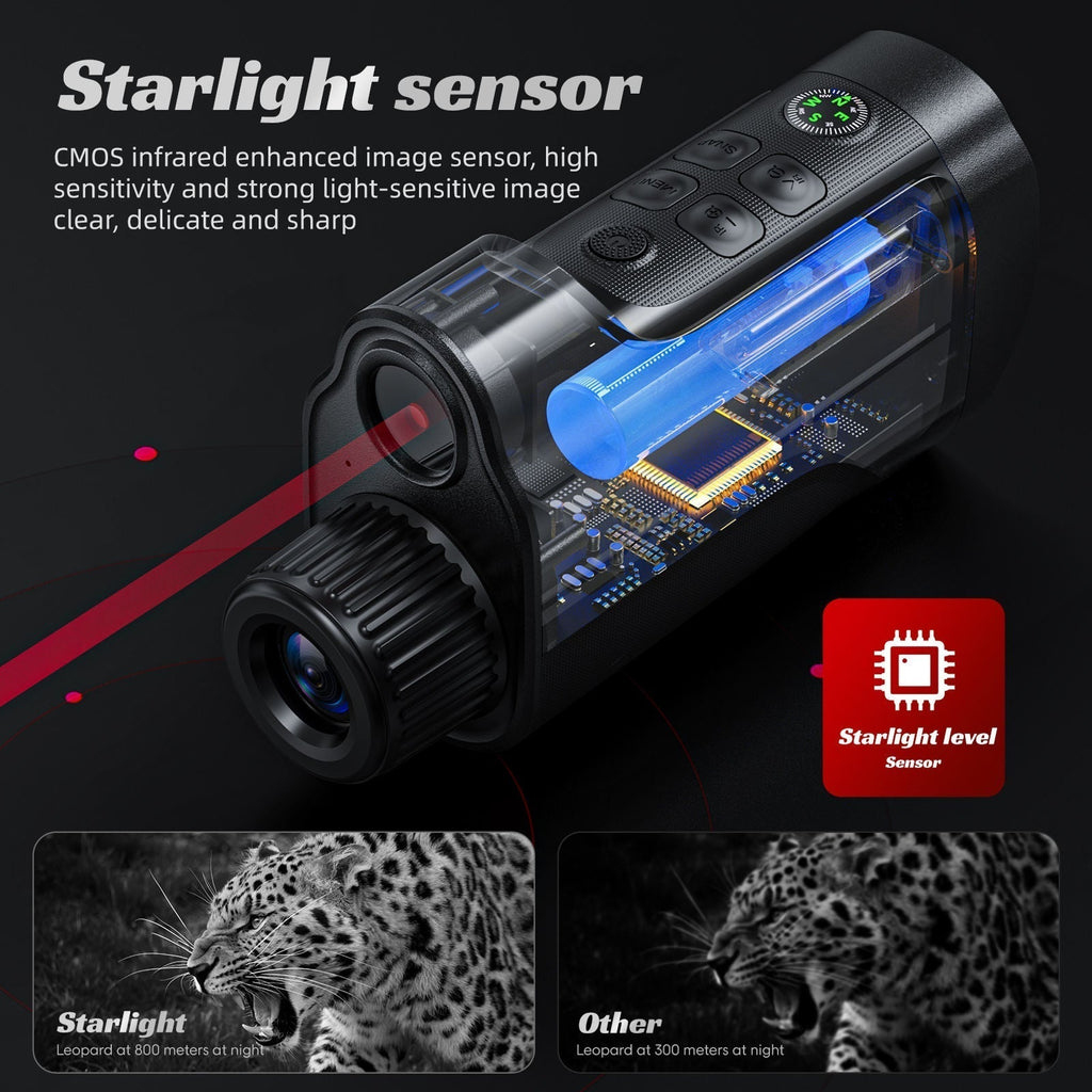 מונוקולר תרמי HD ברזולוציית 1080P עם טווח של 800 מטר וזום פי 10 לתצפית לילית