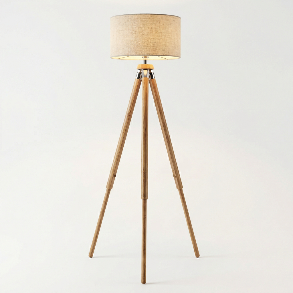 Moderní stojací lampa na trojnožce s látkovým stínidlem | Ormexis