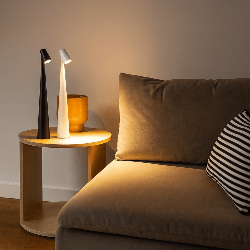 Stylová stolní lampa s kovovým povrchem, dobíjecí, pro vnitřní i venkovní použití