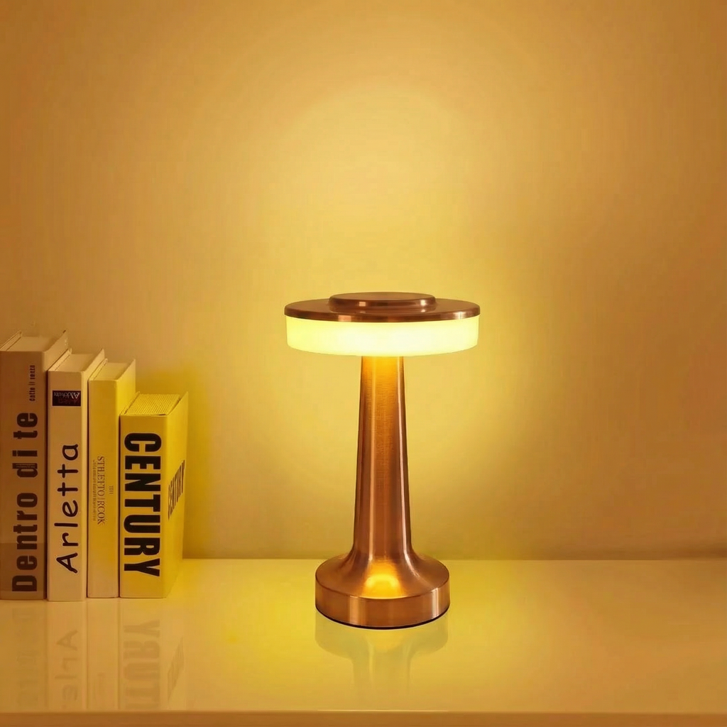 Lâmpada de mesa LED recarregável com controlo tátil e corpo metálico | Ormexis