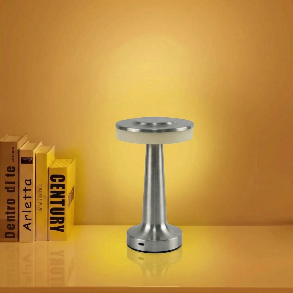 Lâmpada de mesa LED recarregável com controlo tátil e corpo metálico | Ormexis