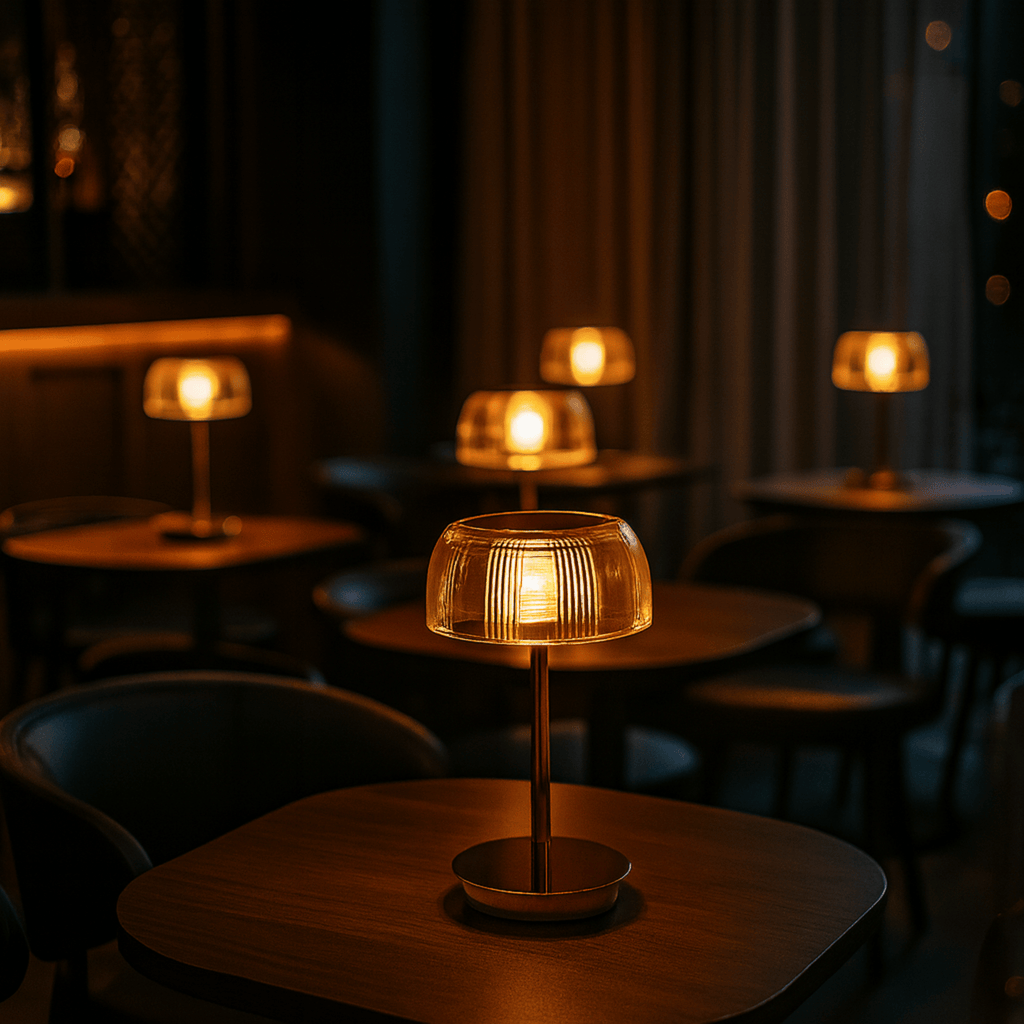 Räfflad bordslampa i glas med stämningsbelysning | Ormexis