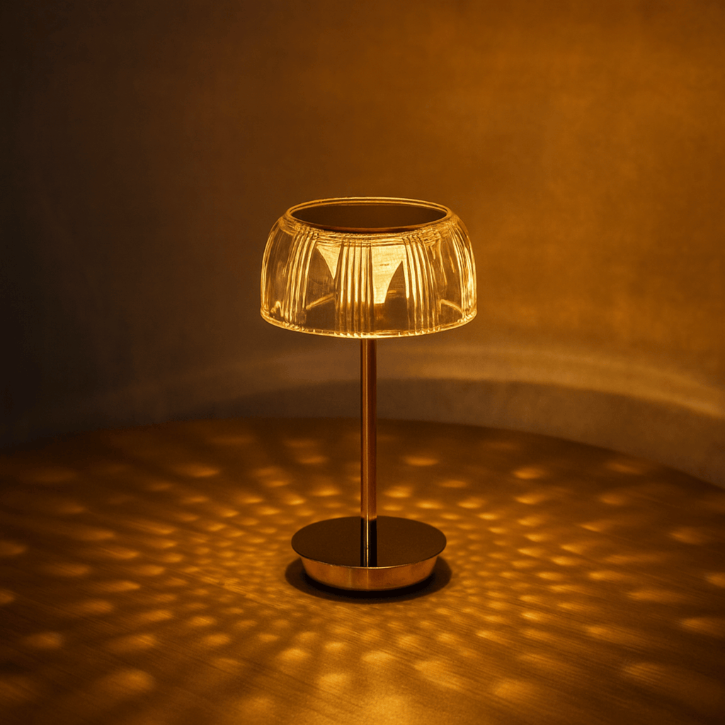 Räfflad bordslampa i glas med stämningsbelysning | Ormexis
