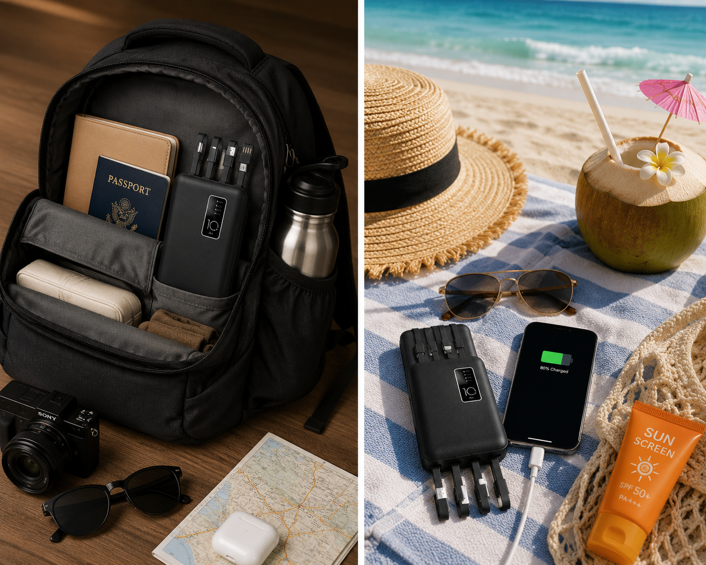 19000mAh kapacitású power bank kábelekkel iPhone, Android és Samsung készülékekhez