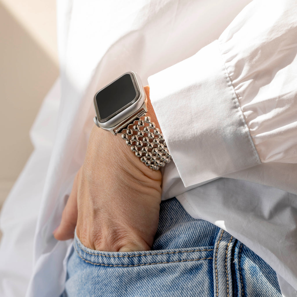 The Apple Watch Beaded Steel Band In Silver Finish