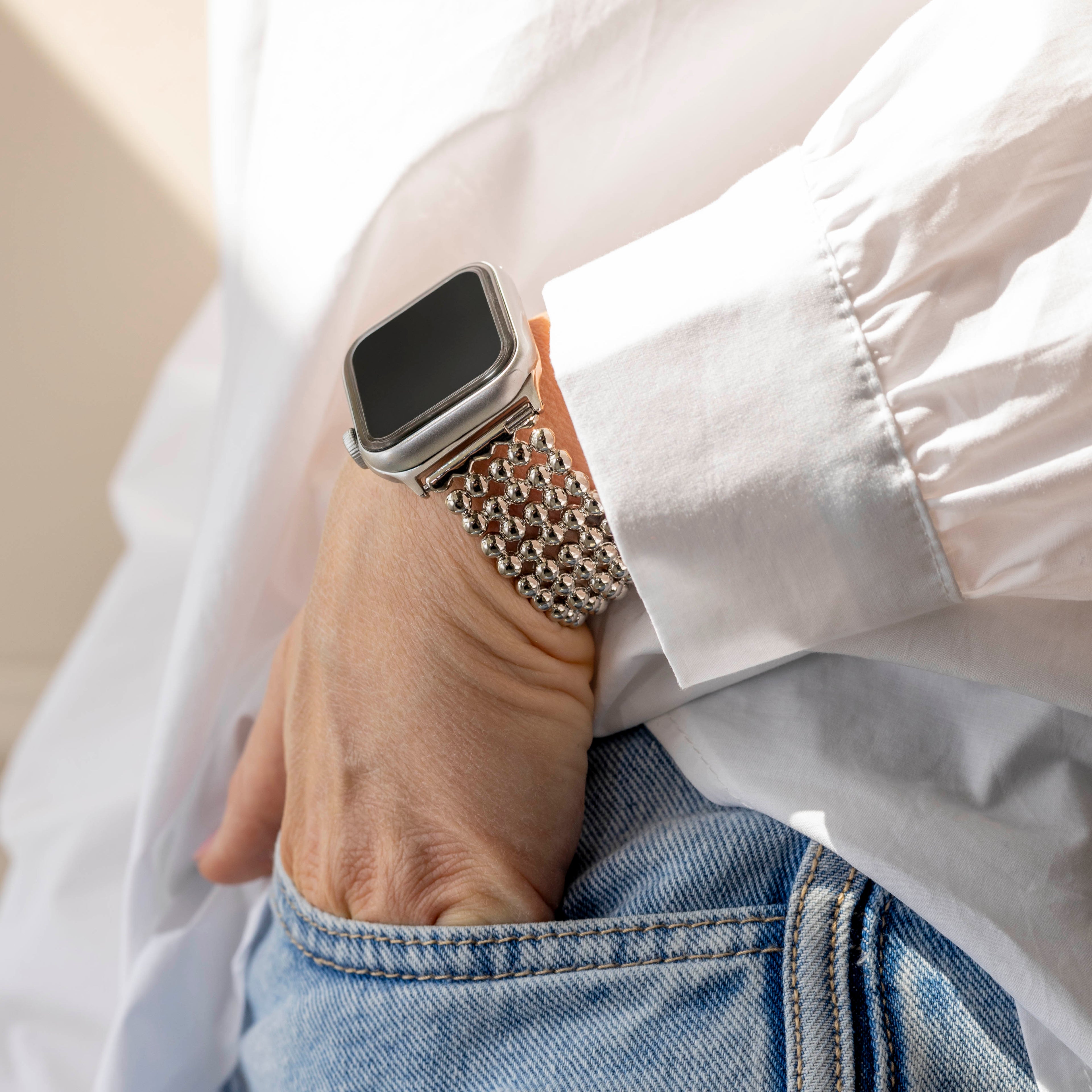 The Apple Watch Beaded Steel Band In Silver Finish