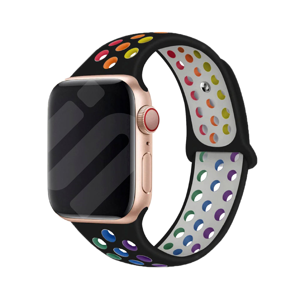 Sportovní řemínek Apple Watch v černé barvě s duhovými barvami