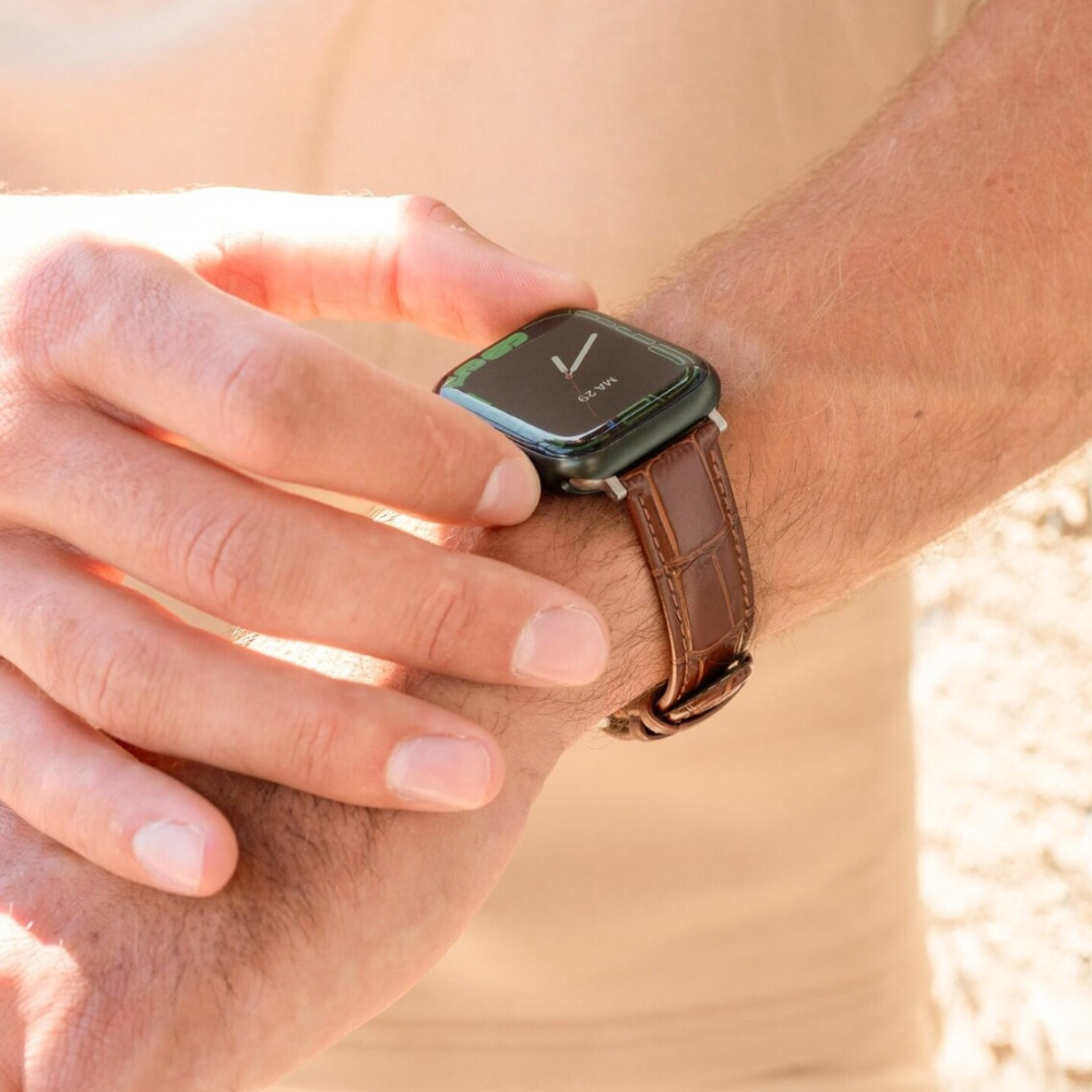 Apple Watch Crocodile-Grain Leather Band In Rich Brown