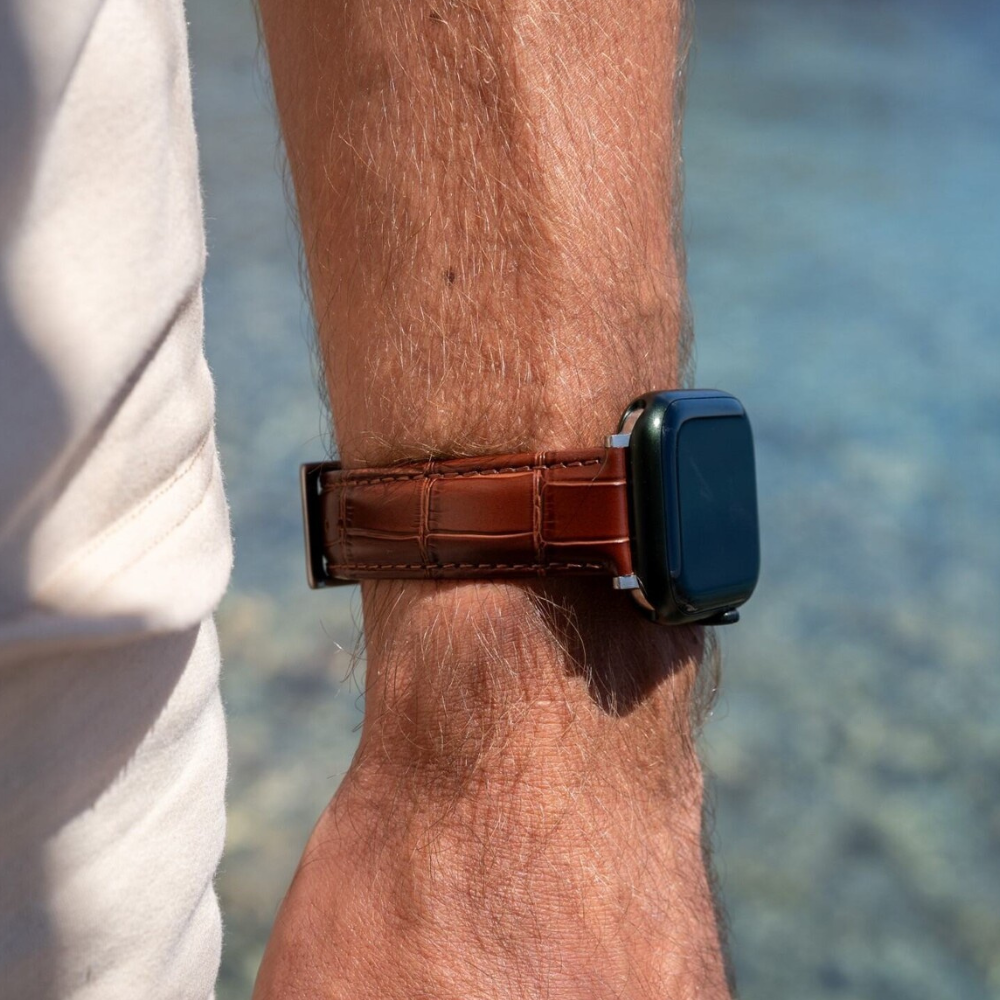 Apple Watch Crocodile-Grain Leather Band In Rich Brown