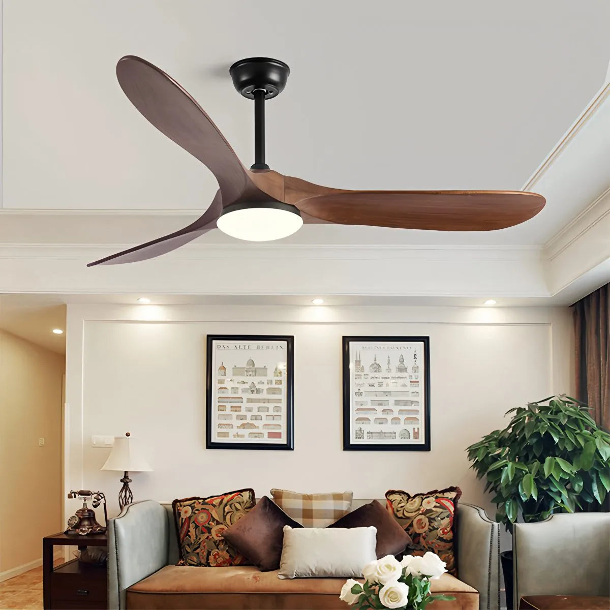 Three Solid Wood Blades Nordic Ceiling Fan With Light