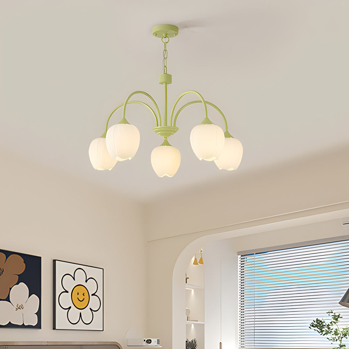 Romantic Tulip Chandelier With Matcha Green Finish