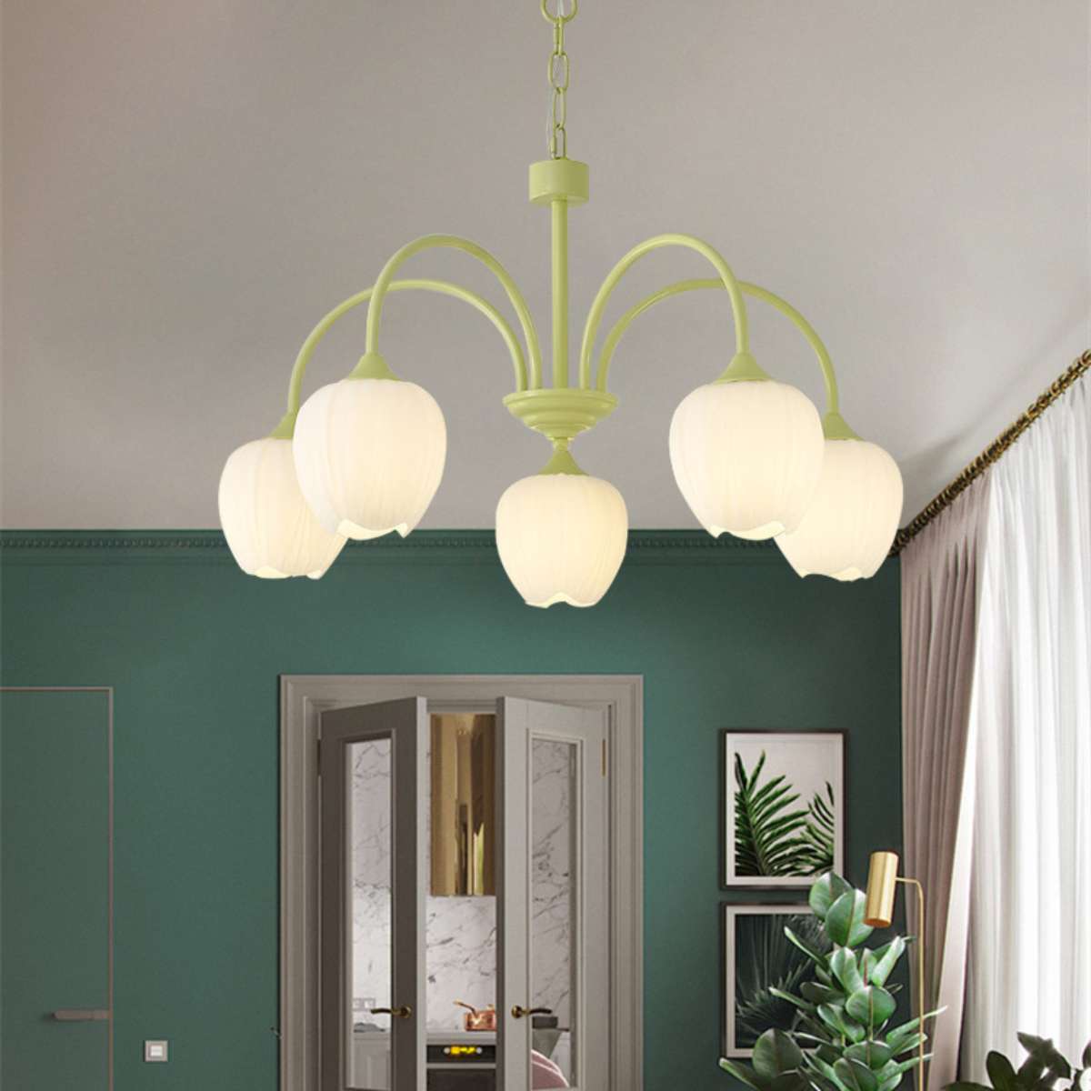 Romantic Tulip Chandelier With Matcha Green Finish