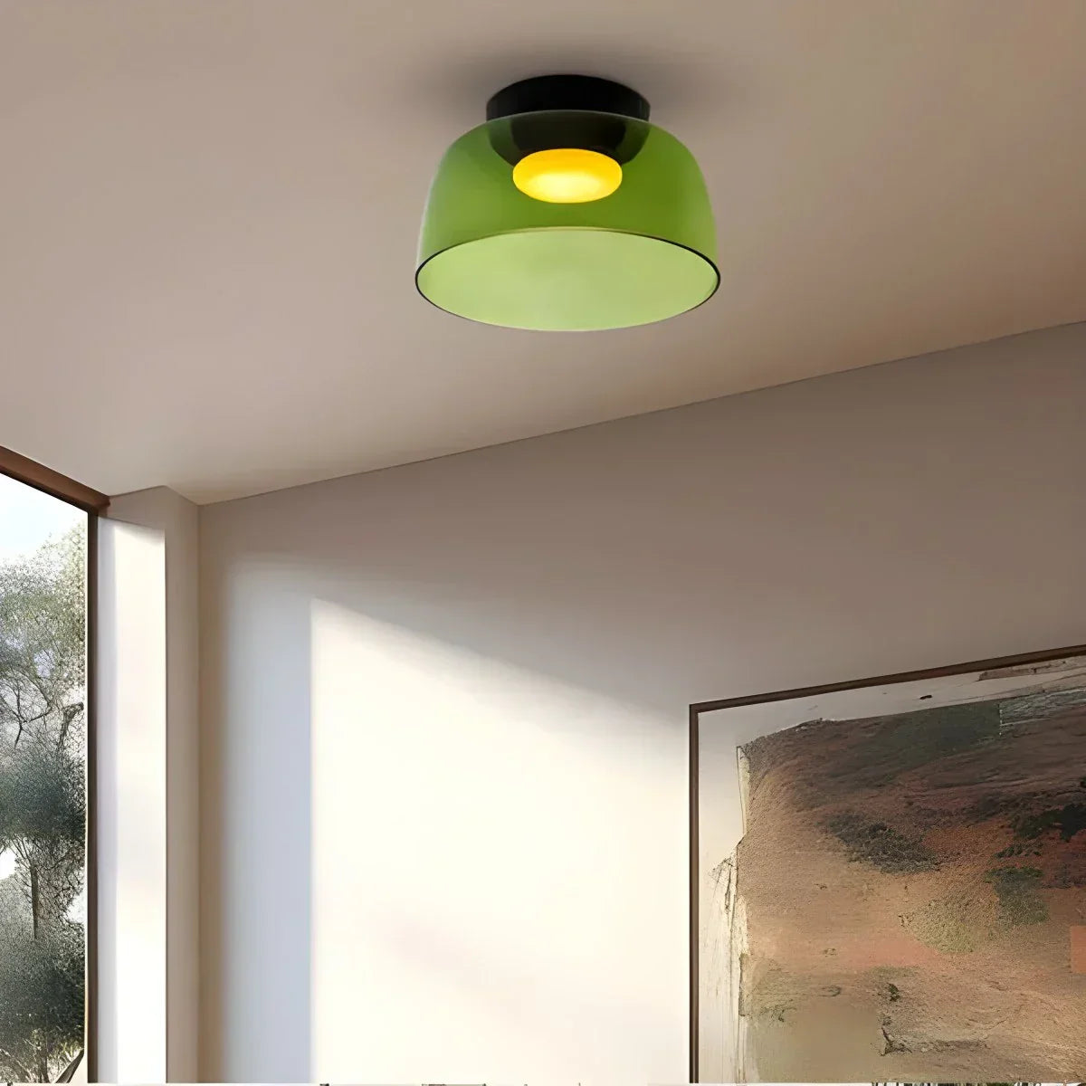 Cozy Bedroom Ceiling Fixture With Colored Glass Glow