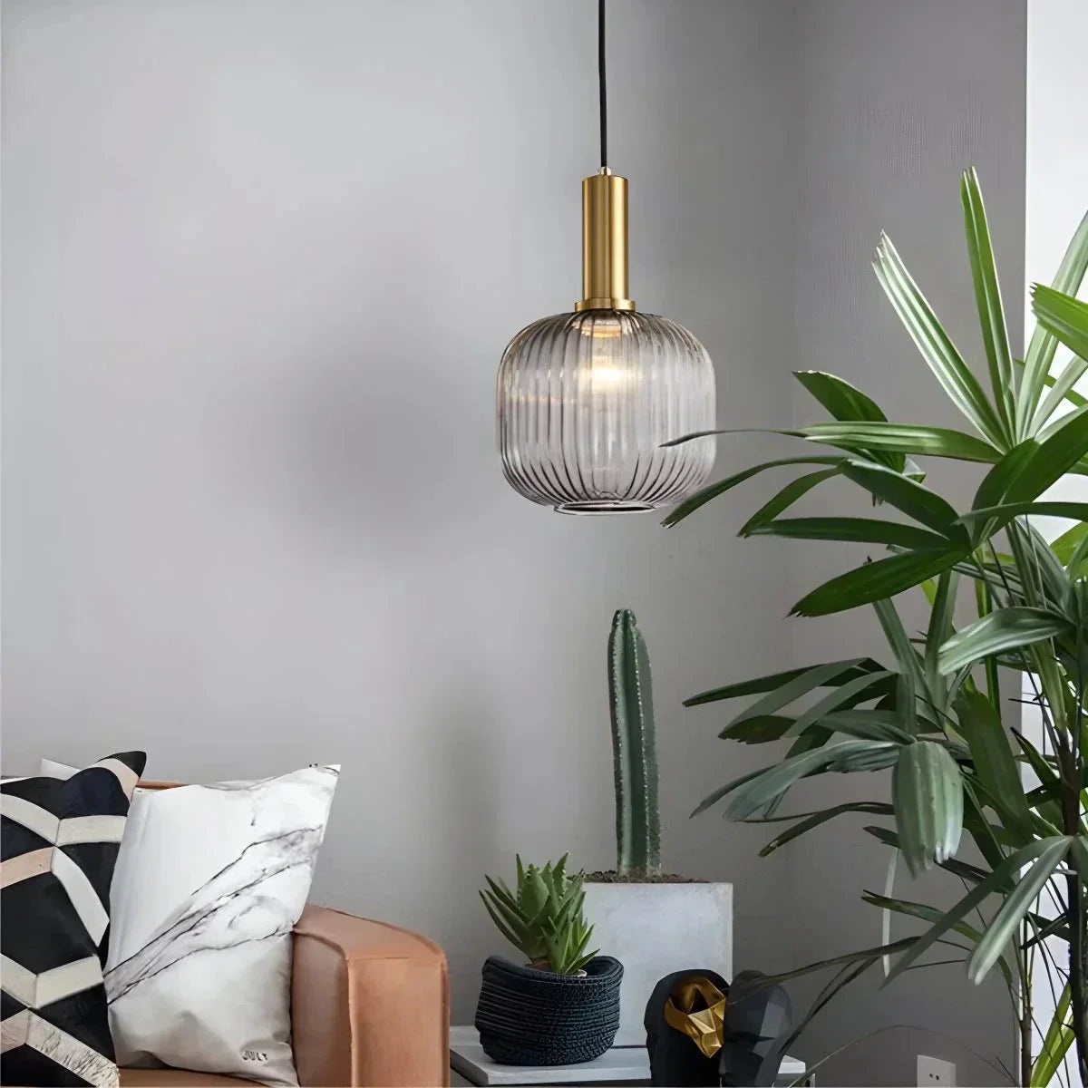 Nordic Glass Pendant Light With Striped Shade Design