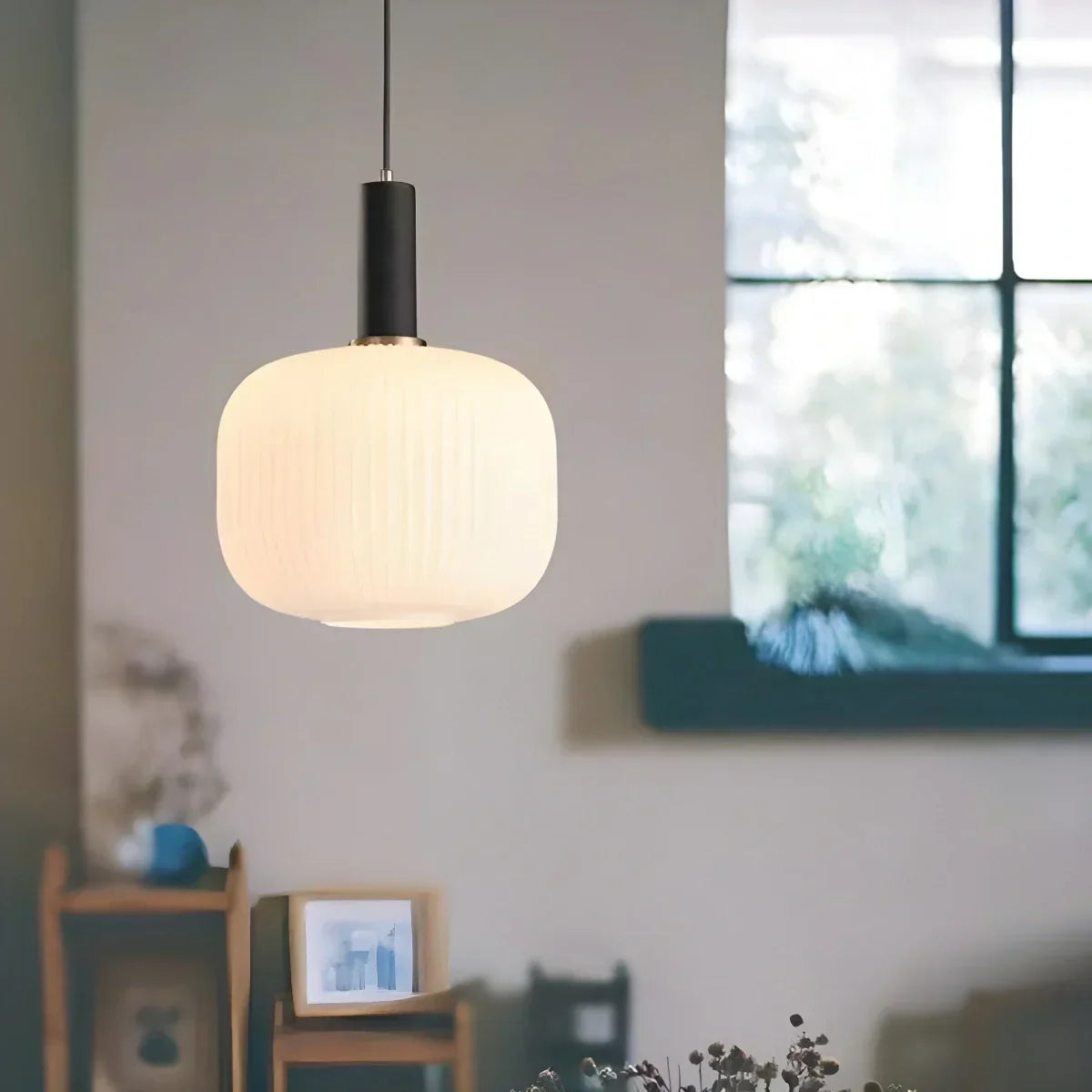 Nordic Glass Pendant Light With Striped Shade Design