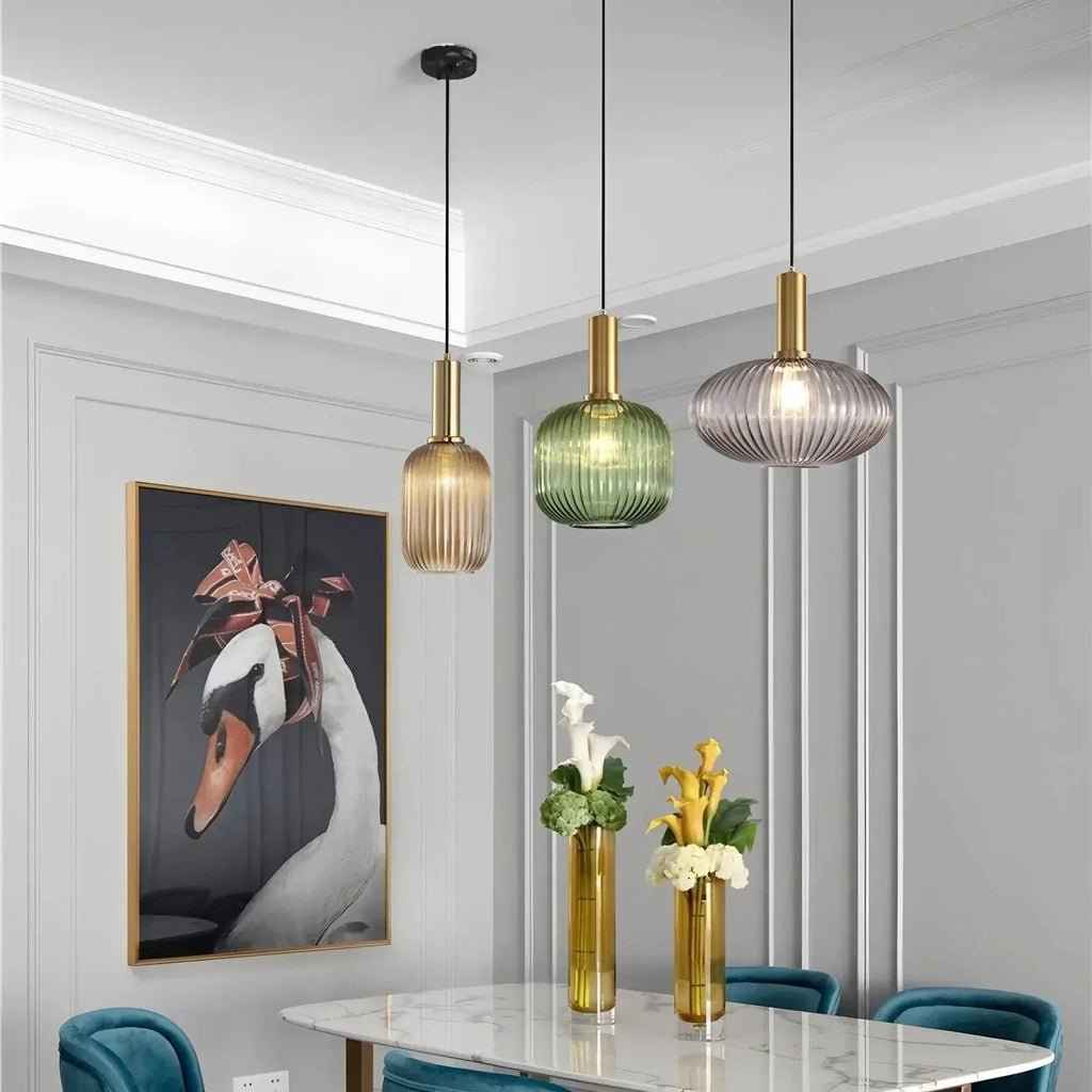 Nordic Glass Pendant Light With Striped Shade Design