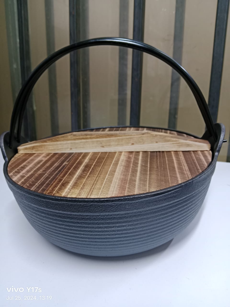 Wok Pan Made From Cast Iron With Flat Bottom And Wooden Lid For Healthy Meals