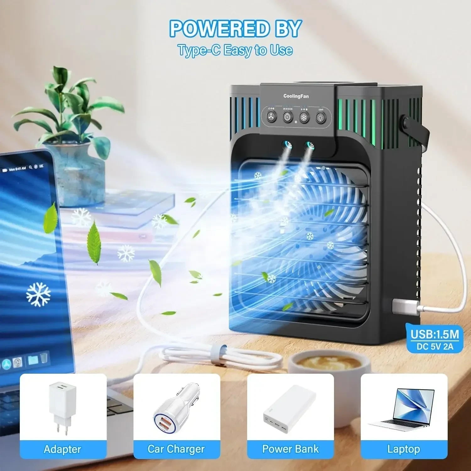 Raffrescatore evaporativo portatile con telecomando, ventilatore personale a 3 velocità