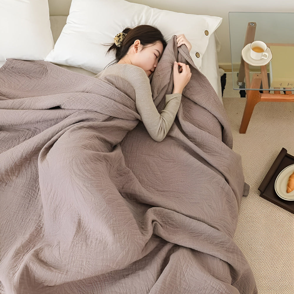 All-Season Cozy Cotton Blanket With Soft Leaf Accent And Antibacterial Properties - Ormexis