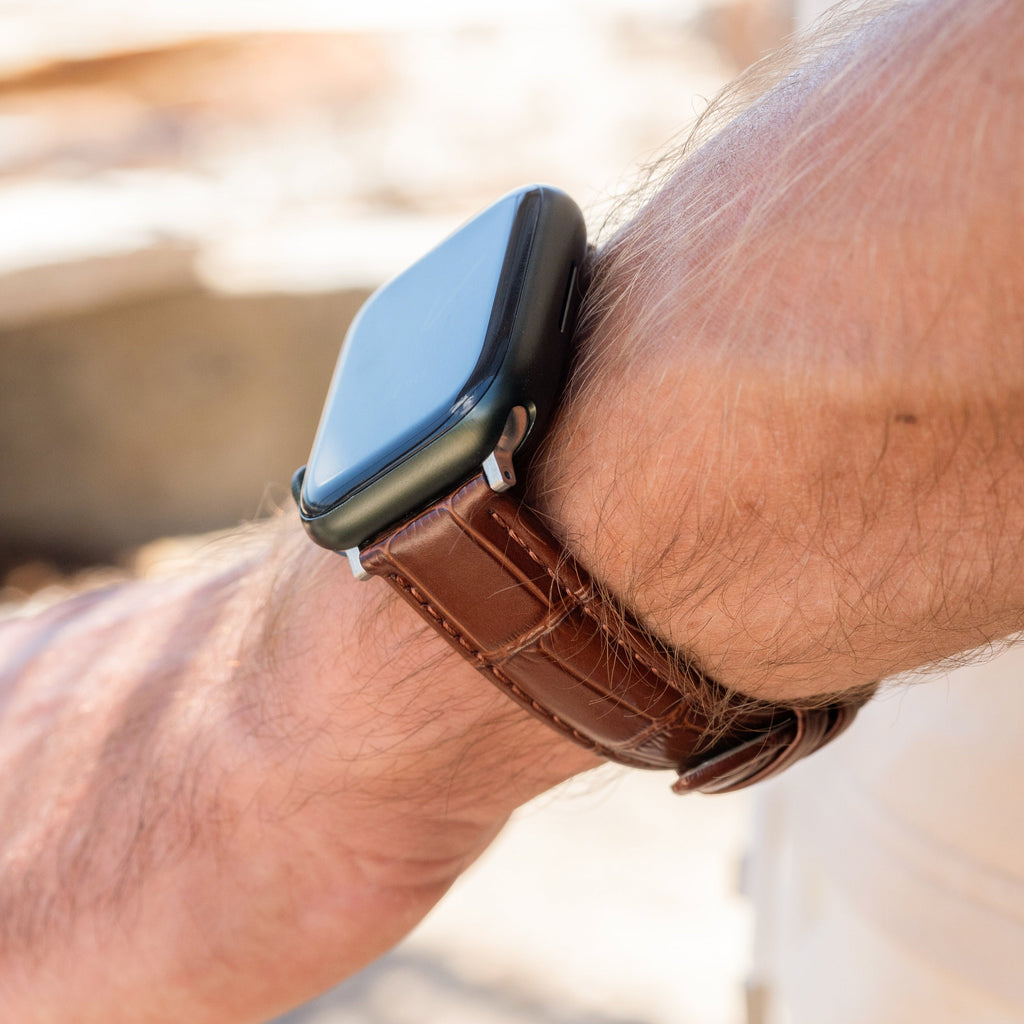Apple Watch Crocodile-Grain Leather Band In Rich Brown