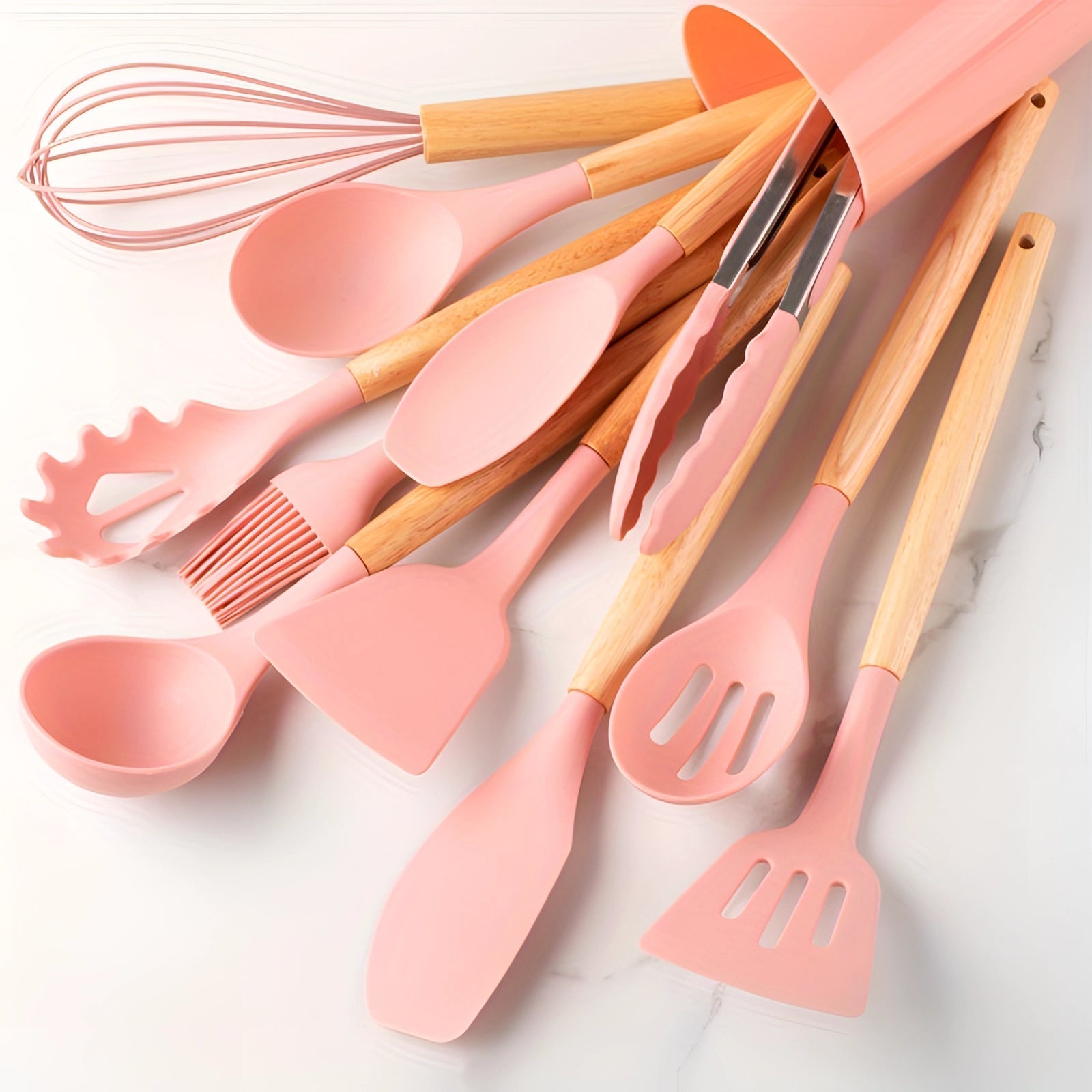 Eco-Friendly 12-Piece Silicone Utensils With Bamboo Handles