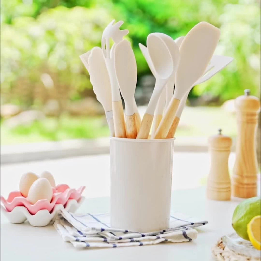 Eco-Friendly 12-Piece Silicone Utensils With Bamboo Handles