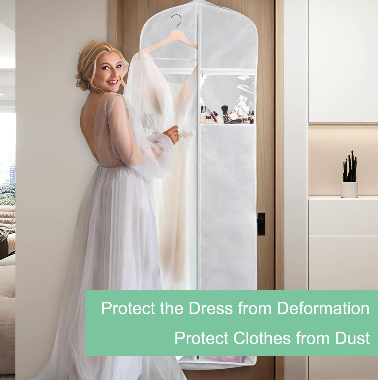 Brautkleid-Aufbewahrungsbeutel mit extra großem Stauraum und Reißverschlusstaschen