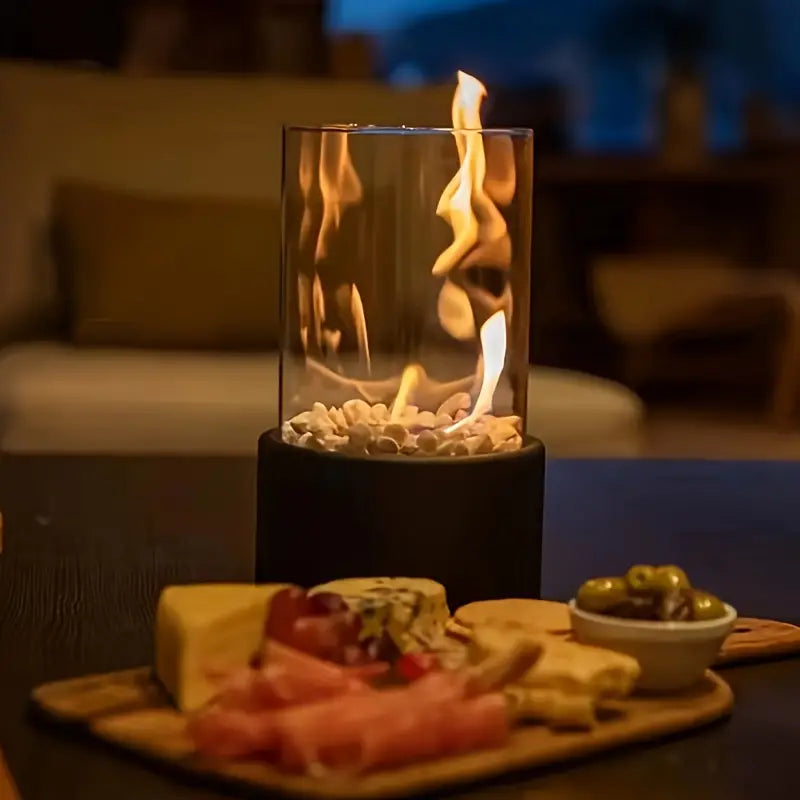 קמין שולחני מהקולקציה האלגנטית עם מסגרת אבני כורכר לאווירה פנימית וחיצונית