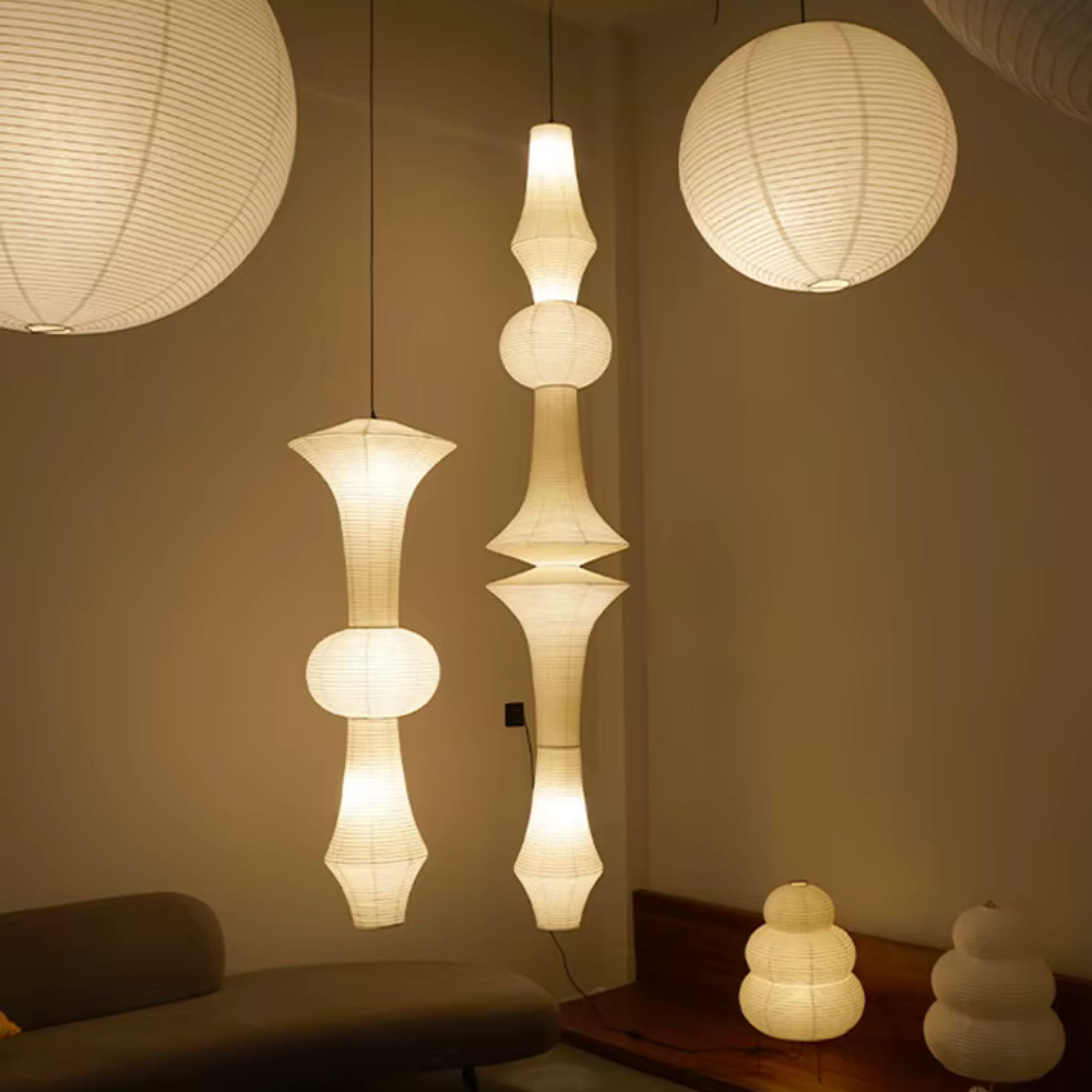 Luminária de Teto Japonesa Ajustável com Abajur de Papel de Arroz para Ambiente Escultural