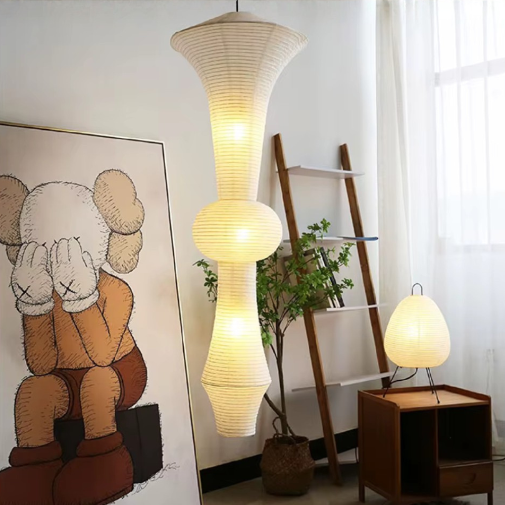 Luminária de Teto Japonesa Ajustável com Abajur de Papel de Arroz para Ambiente Escultural
