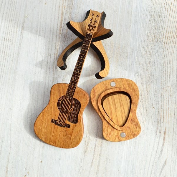 Guitar Pick Box Made Of Wood With Engraved Design And Stand For Personal Gifts