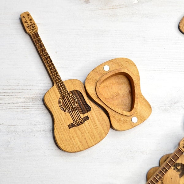 Guitar Pick Box Made Of Wood With Engraved Design And Stand For Personal Gifts