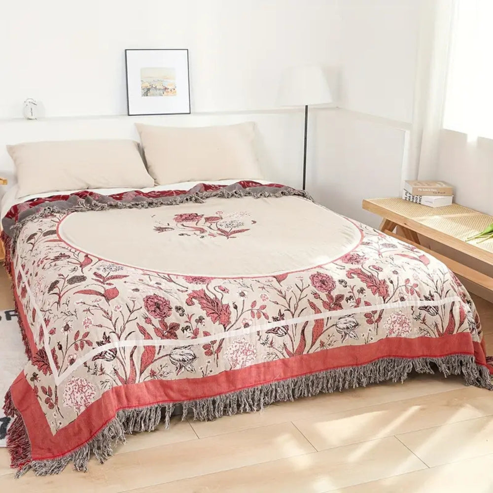 Elira Rose Floral Blanket In Cotton With Jacquard Accents Lightweight For All Year Comfort