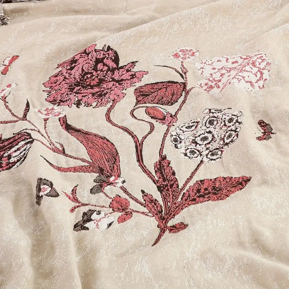 Elira Rose Floral Blanket In Cotton With Jacquard Accents Lightweight For All Year Comfort
