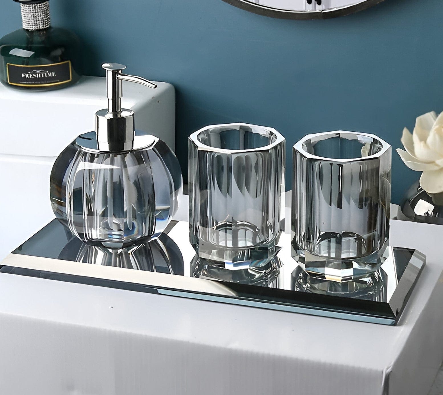 Elite Bath Accessories Set With Crystal Glass Detailing