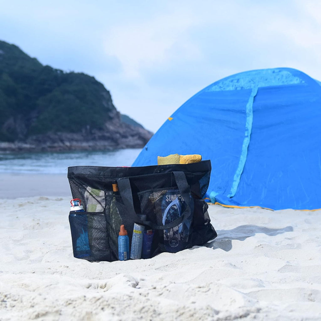 Family Essentials strandveske, ekstra stor bæreveske med glidelås og sandavvisende nett