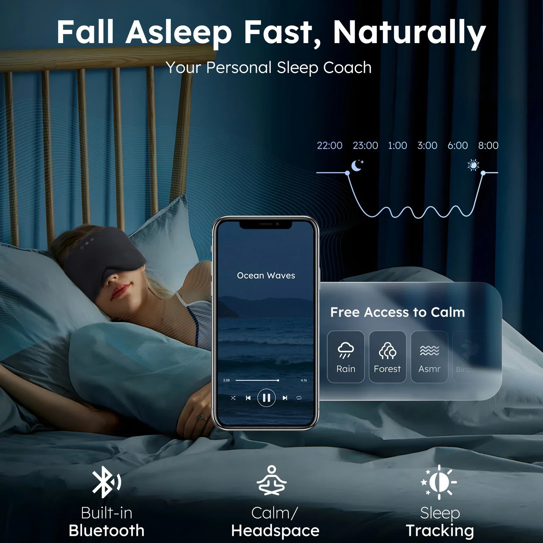 Oční maska Serenity Collection s Bluetooth a bezdrátovým připojením, úplné zatemnění pro relaxaci