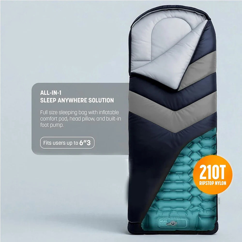 AirPack Sleeper Inflatable Sleeping Bag With Built In Pad And Pillow For Camping Comfort - Ormexis