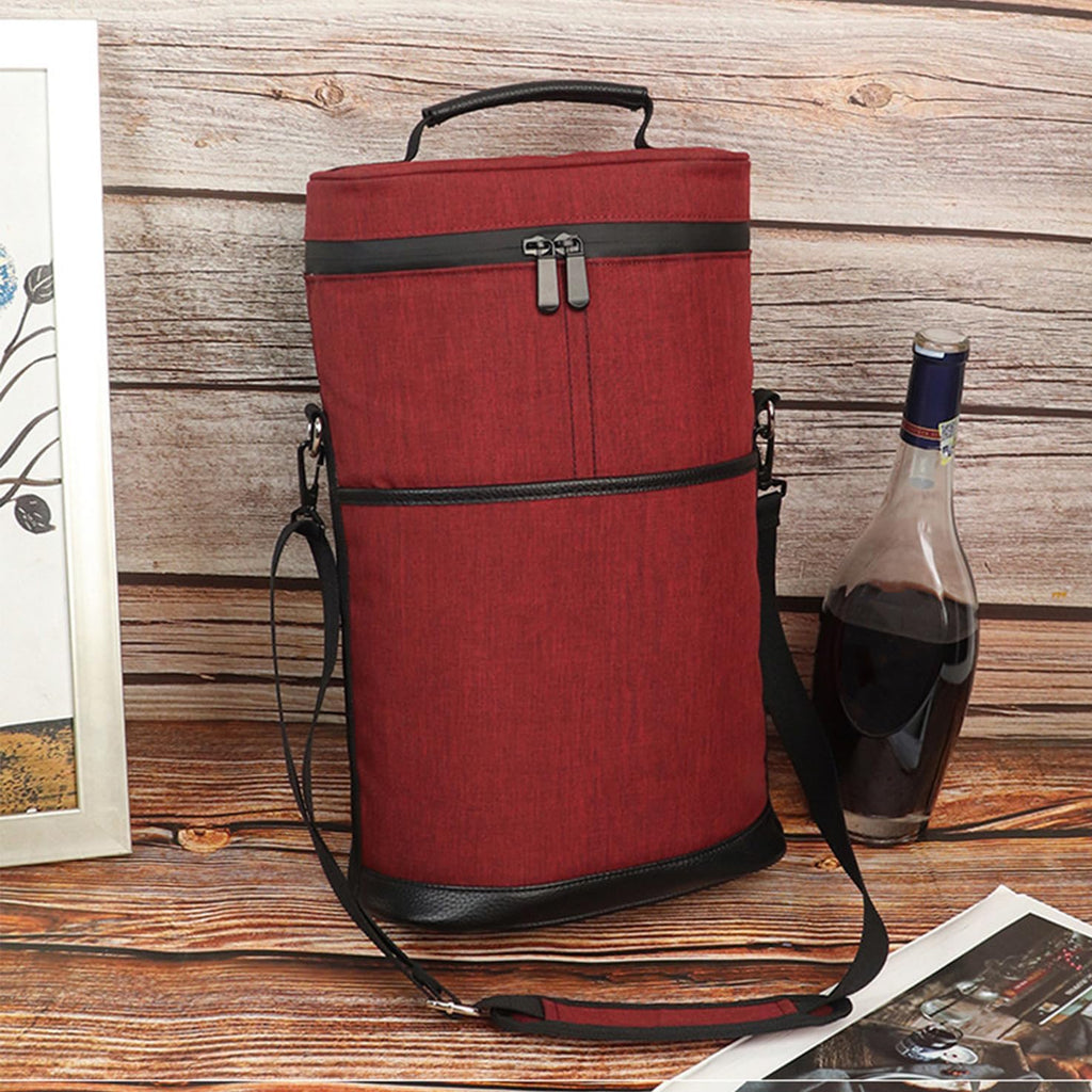 Borsa termica per vino che contiene due bottiglie con tracolla regolabile, resistente in tela.