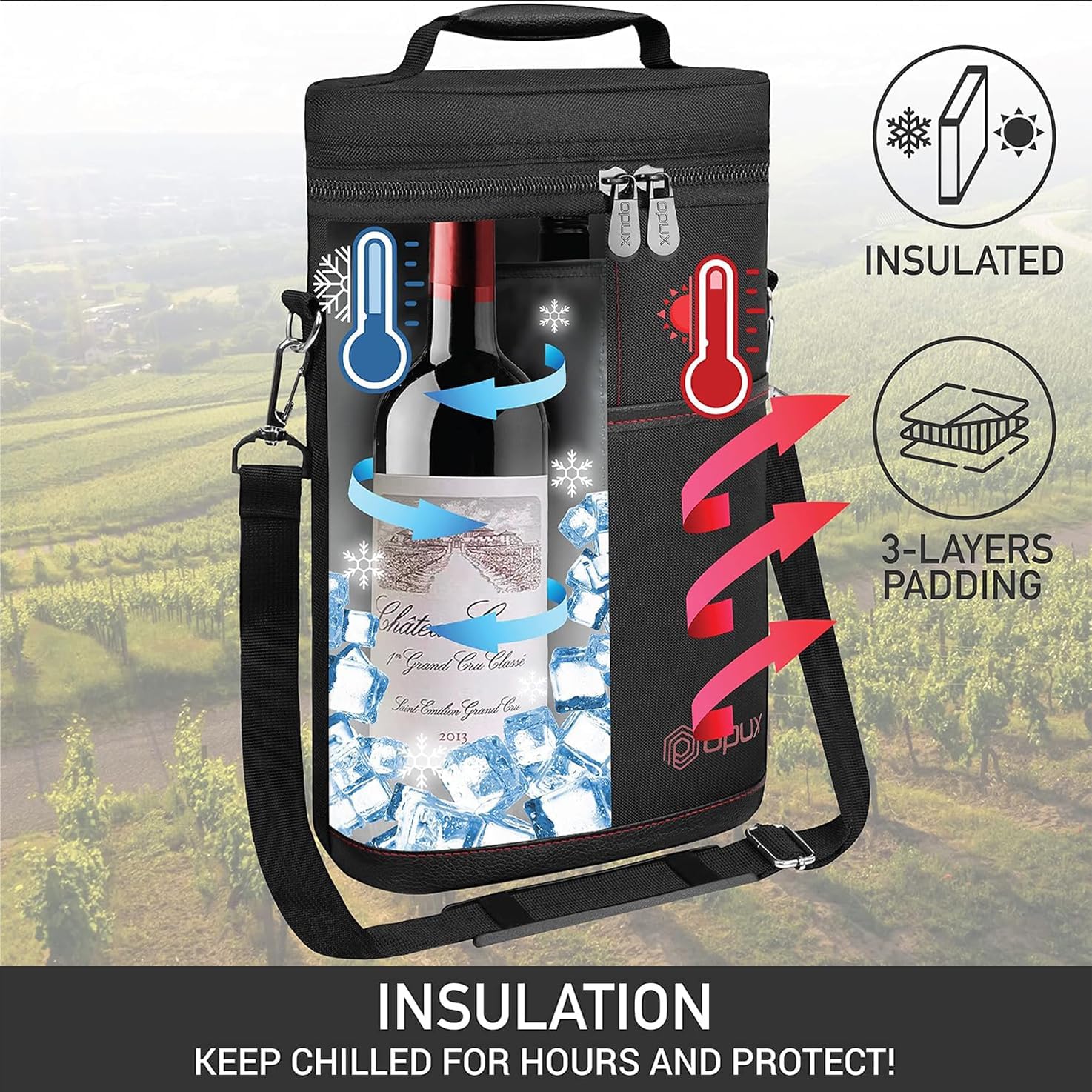Borsa termica per vino che contiene due bottiglie con tracolla regolabile, resistente in tela.