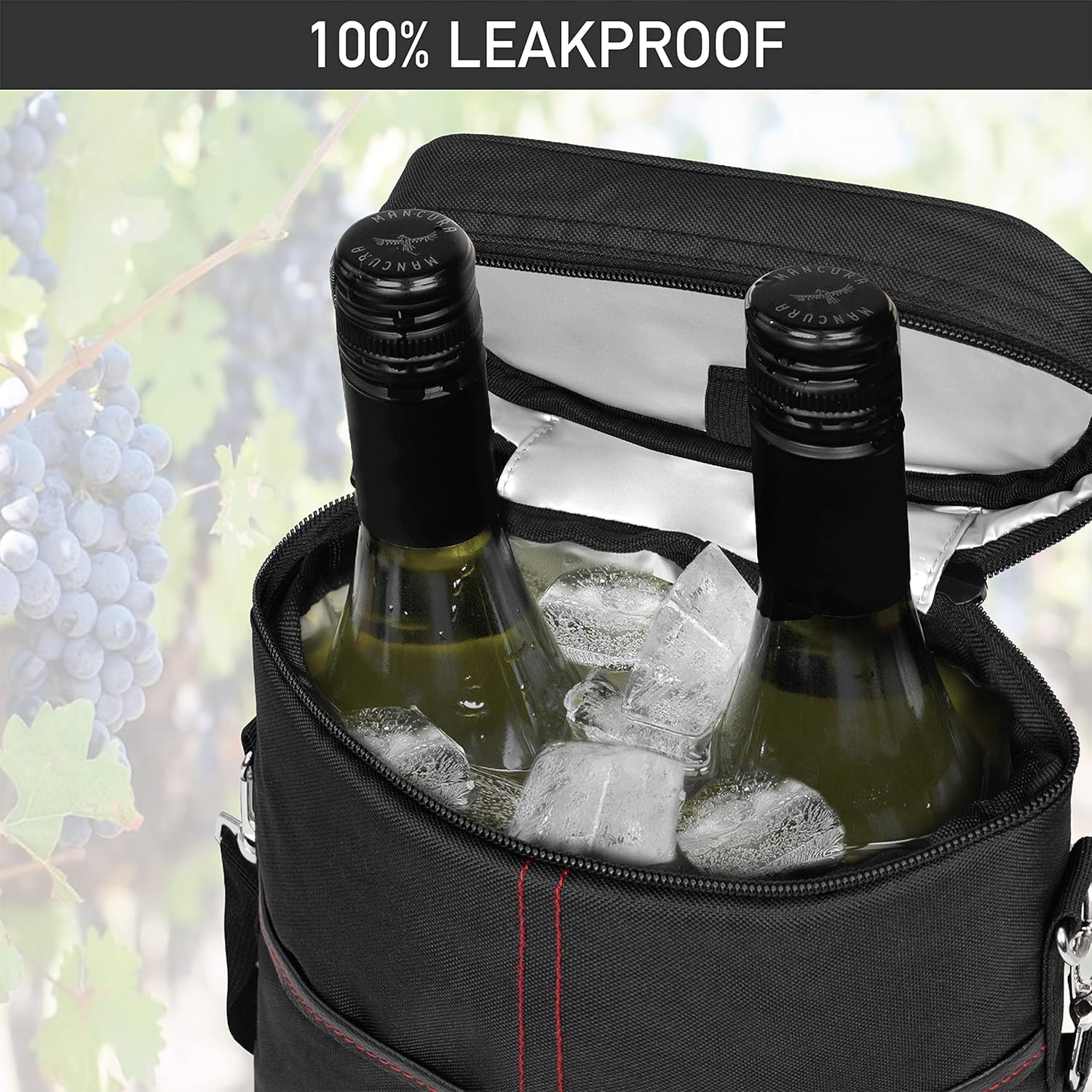 Borsa termica per vino che contiene due bottiglie con tracolla regolabile, resistente in tela.