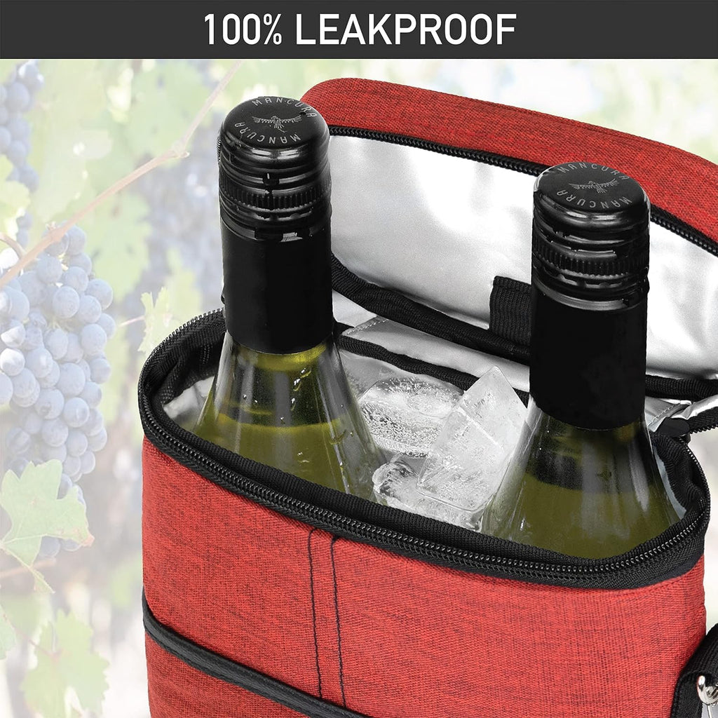 Borsa termica per vino che contiene due bottiglie con tracolla regolabile, resistente in tela.