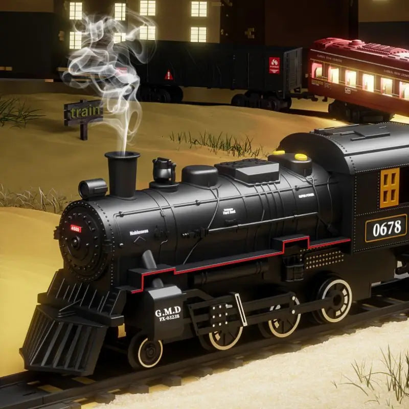 Interaktives Eisenbahn-Set: Batteriebetriebene Lokomotive mit Lichtern und realistischem Dampfeffekt