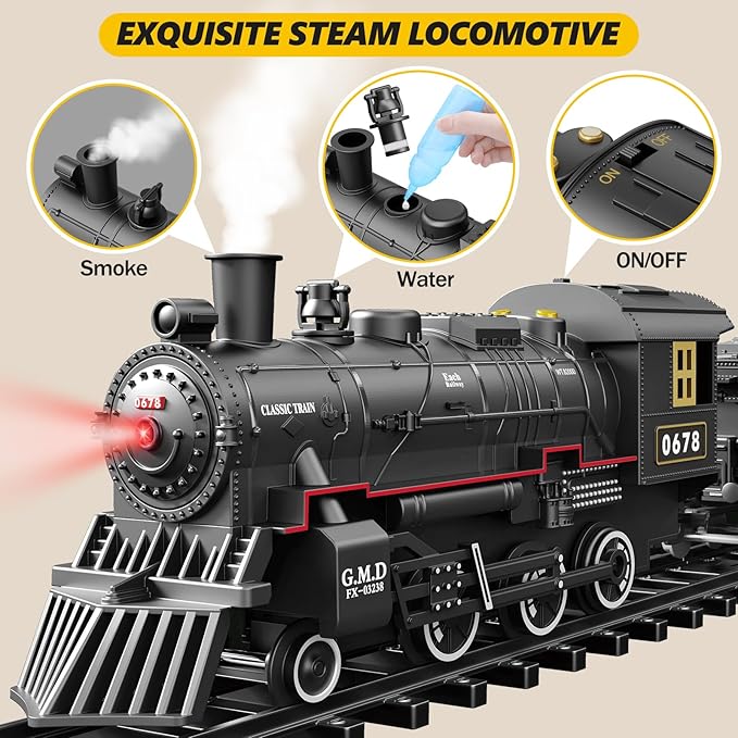 Interaktives Eisenbahn-Set: Batteriebetriebene Lokomotive mit Lichtern und realistischem Dampfeffekt