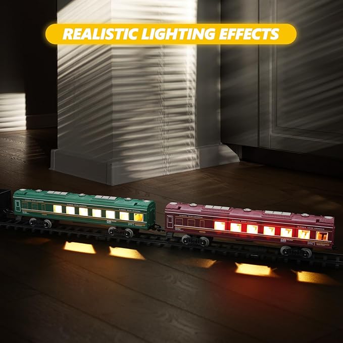 Interaktives Eisenbahn-Set: Batteriebetriebene Lokomotive mit Lichtern und realistischem Dampfeffekt