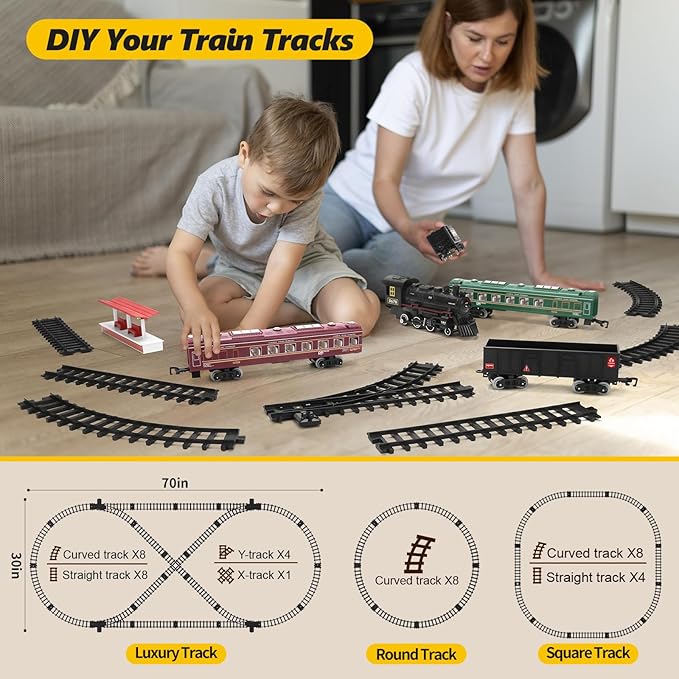 Interaktives Eisenbahn-Set: Batteriebetriebene Lokomotive mit Lichtern und realistischem Dampfeffekt