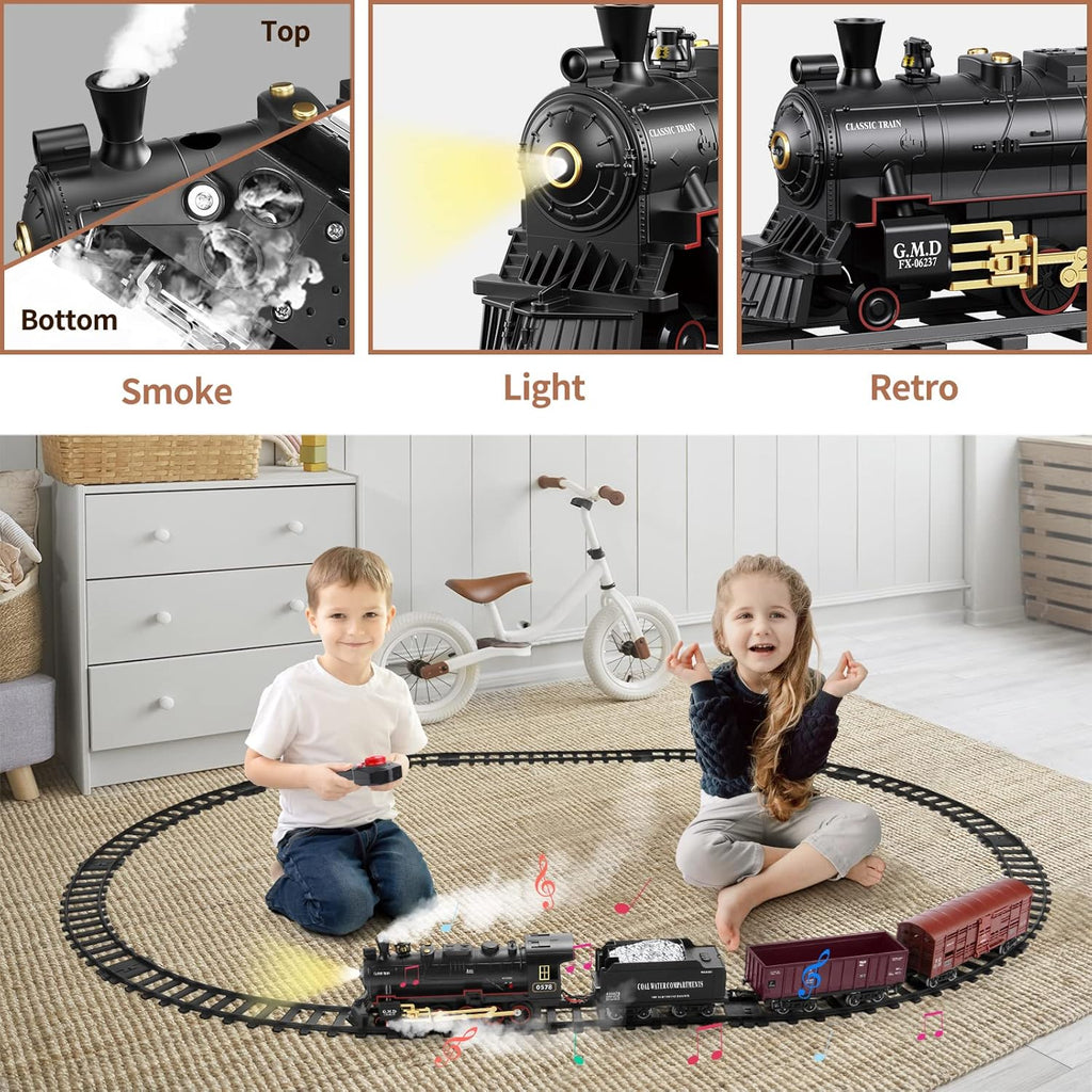 Interaktives Eisenbahn-Set: Batteriebetriebene Lokomotive mit Lichtern und realistischem Dampfeffekt