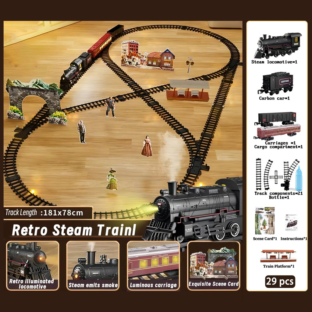 Interaktives Eisenbahn-Set: Batteriebetriebene Lokomotive mit Lichtern und realistischem Dampfeffekt