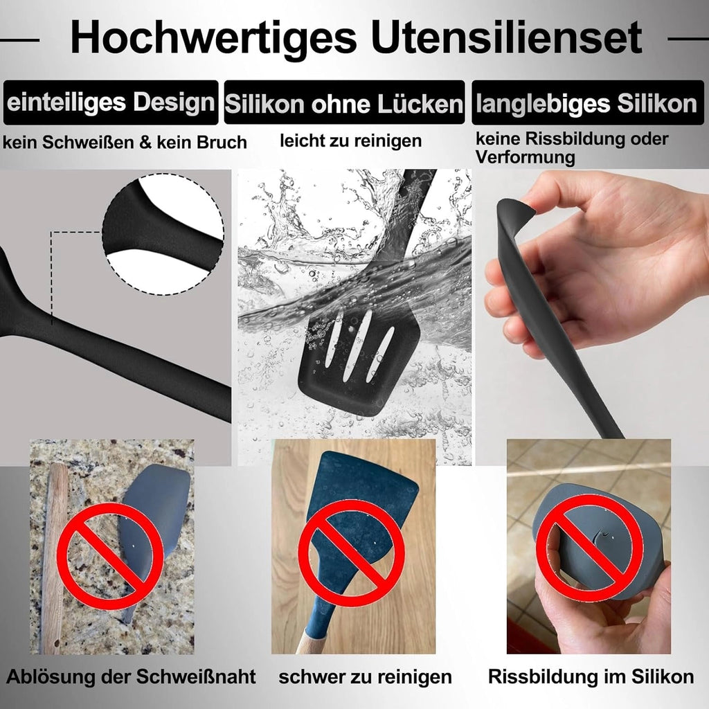 Ivory silikon kjøkkenredskapssett, non-stick og varmebestandige ergonomiske verktøy