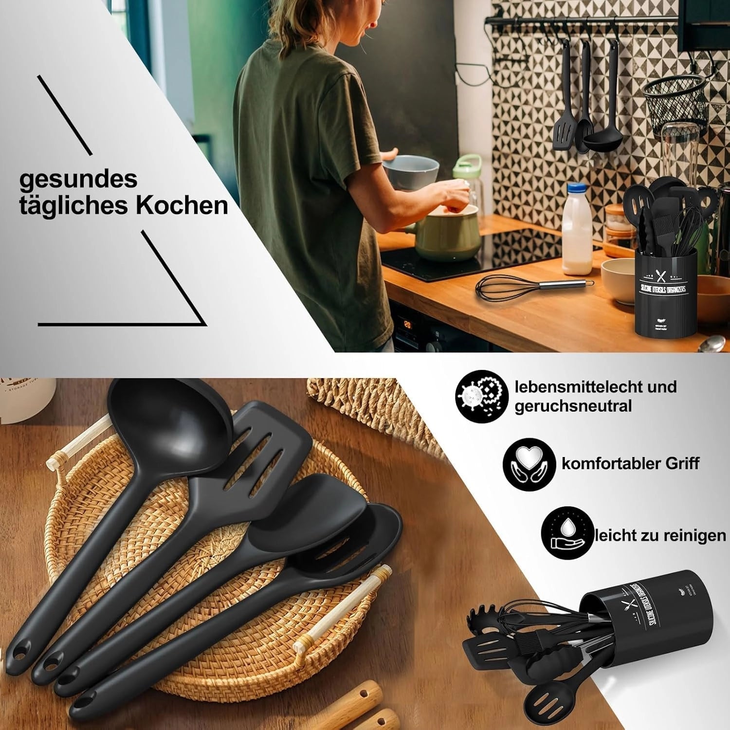 Ivory silikon kjøkkenredskapssett, non-stick og varmebestandige ergonomiske verktøy